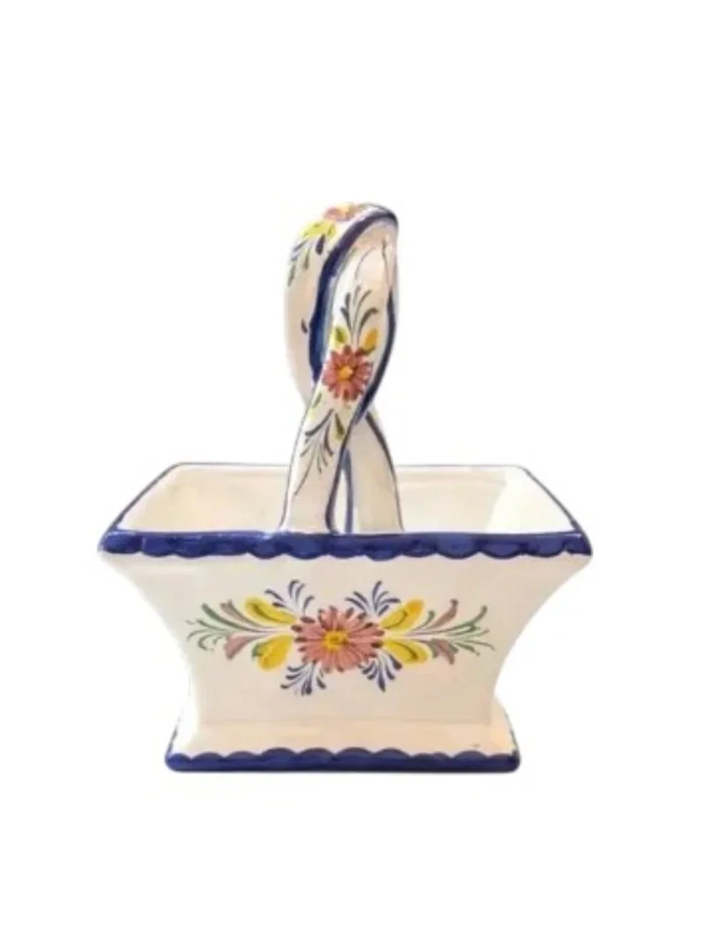Hand Painted Portuguese Ceramic Basket Blue & White Floral